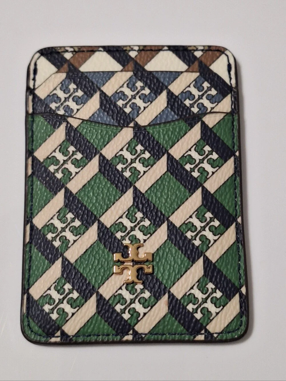 Tory Burch Geo Logo Color-Block Card Case Green Navy NWT Style 84754